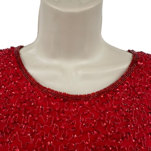 VTG Parisian Room Red Beaded Sequin Sheath Flapper Silk Holiday Party Dress 10 - Picture 4 of 9